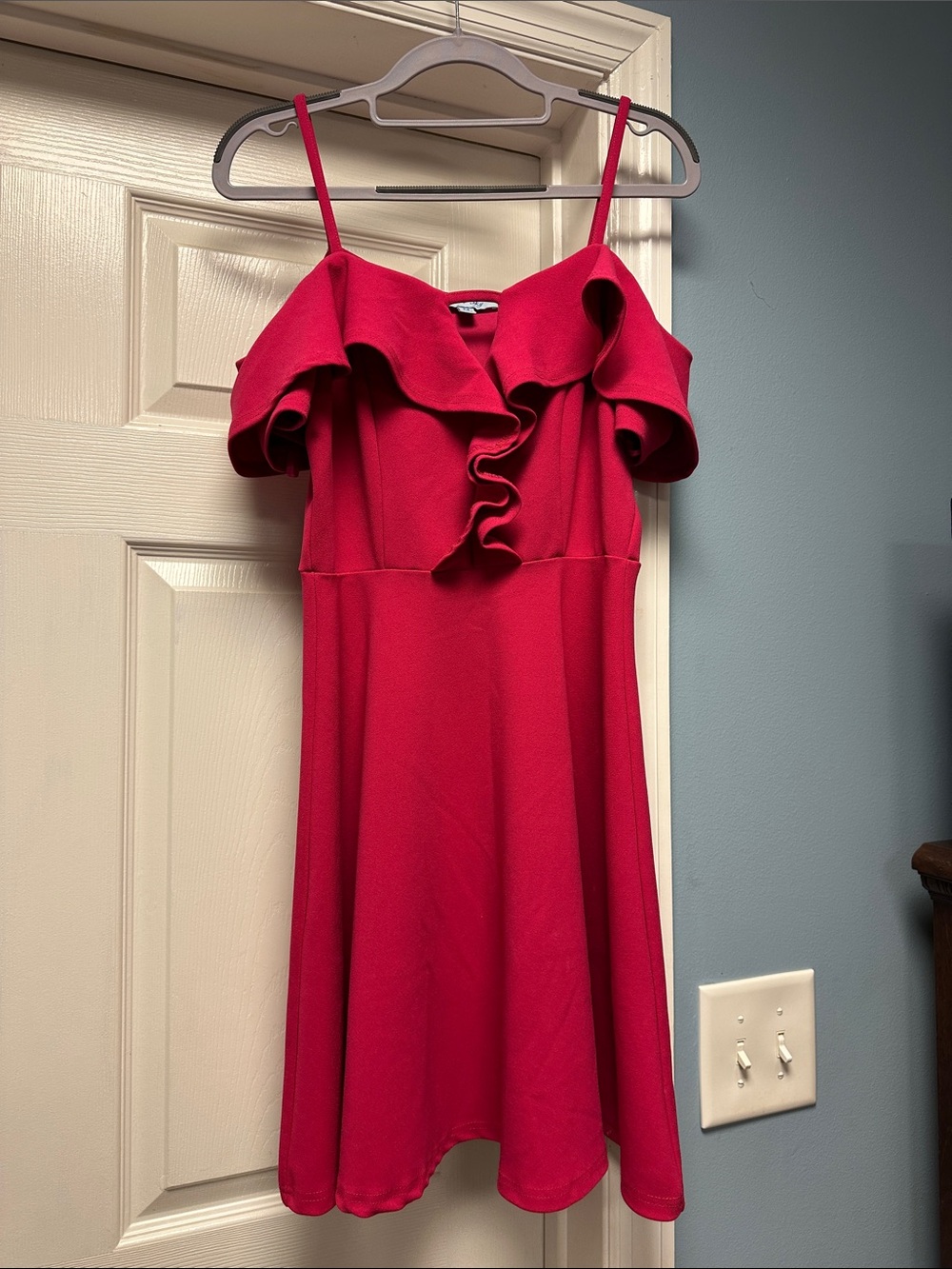 She + Sky Hot Pink Off-Shoulder Ruffle Mini Dress